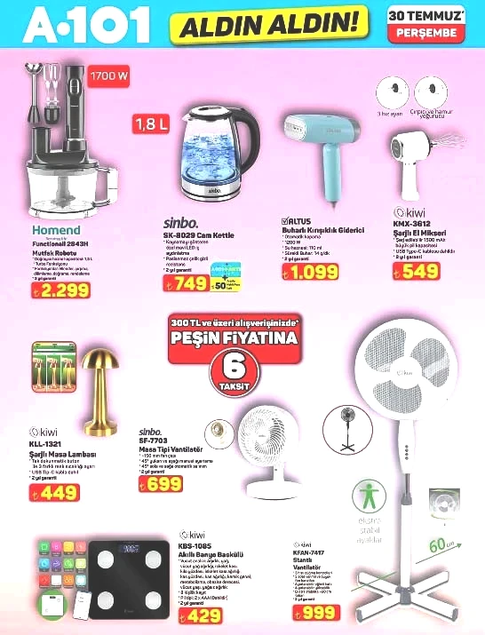 SATIŞTA A101 AKTÜEL KATALOG 30 TEMMUZ 2026 || A101 Aldın Aldın Perşembe afişi yeni neler var A101de bu hafta ankastre set, buharlı kırışıklık giderici, katlanabilir elektrikli scooter, elektrikli moped satışa çıkıyor